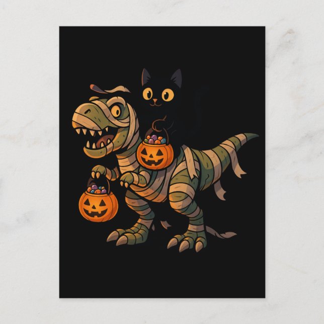 Black Cat Riding Mummy T-Rex - Niedliches Hallowee Postkarte (Vorderseite)