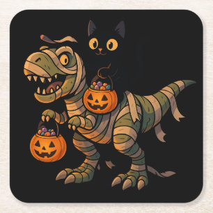 Black Cat Riding Mummy T-Rex - Niedliches Hallowee Rechteckiger Pappuntersetzer