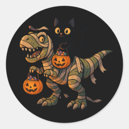 Black Cat Riding Mummy T-Rex - Niedliches Hallowee Runder Aufkleber
