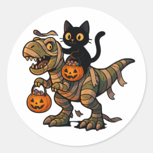 Black Cat Riding Mummy T-Rex - Niedliches Hallowee Runder Aufkleber