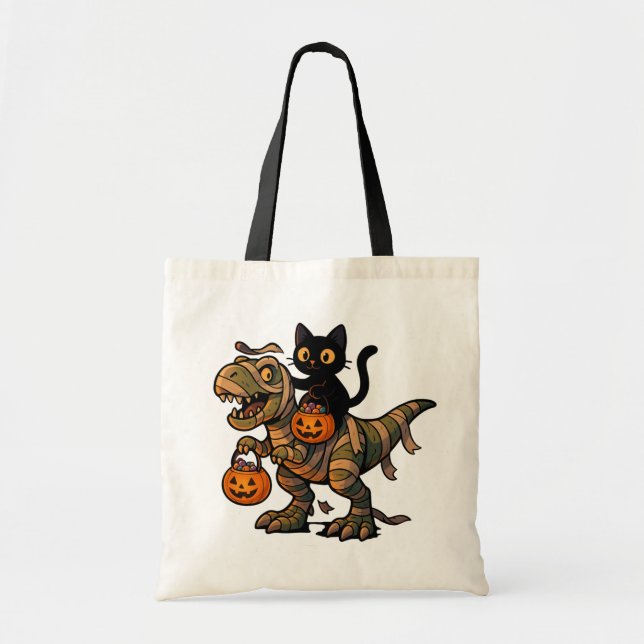 Black Cat Riding Mummy T-Rex - Niedliches Hallowee Tragetasche (Vorne)