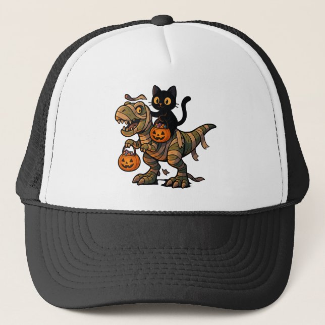 Black Cat Riding Mummy T-Rex - Niedliches Hallowee Truckerkappe (Vorderseite)