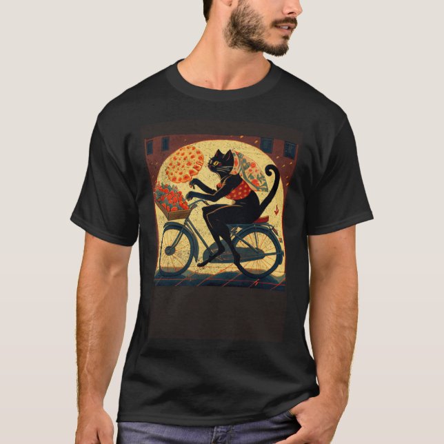 Black Cat Riding Pizza T-Shirt (Vorderseite)