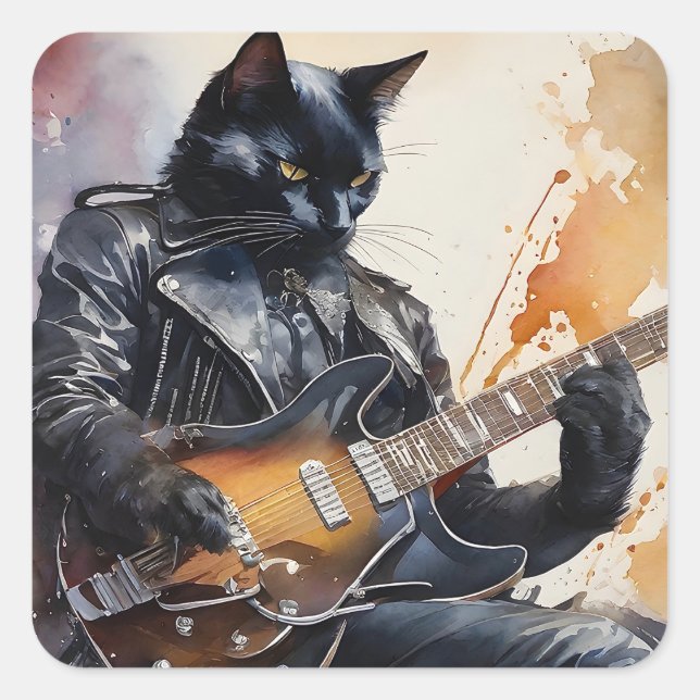 Black Cat Rock Star Gitarre Leather Jacket Quadratischer Aufkleber (Vorderseite)
