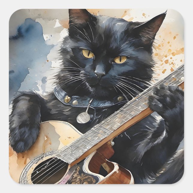 Black Cat Rock Star Gitarre spielen Quadratischer Aufkleber (Vorderseite)