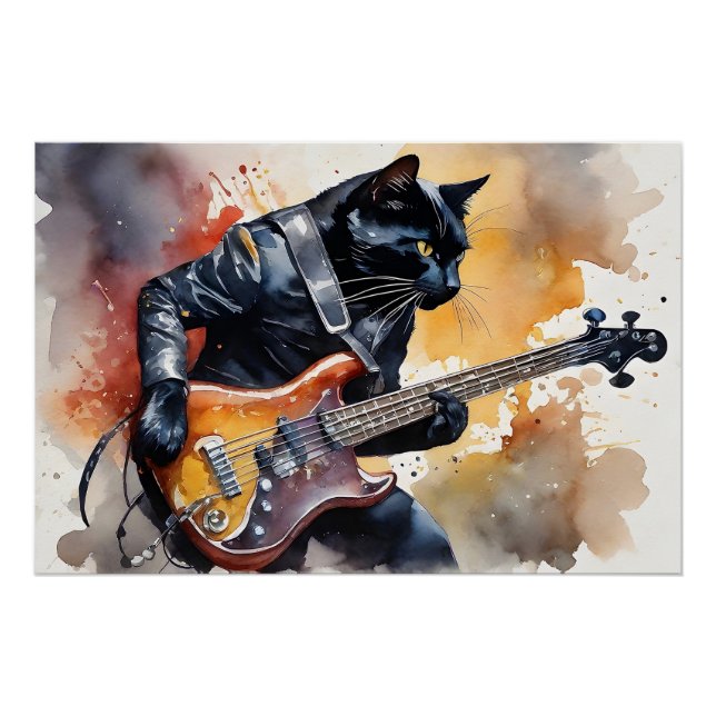 Black Cat Rock Star Leather Jacket Gitarre spielen Poster (Vorderseite)