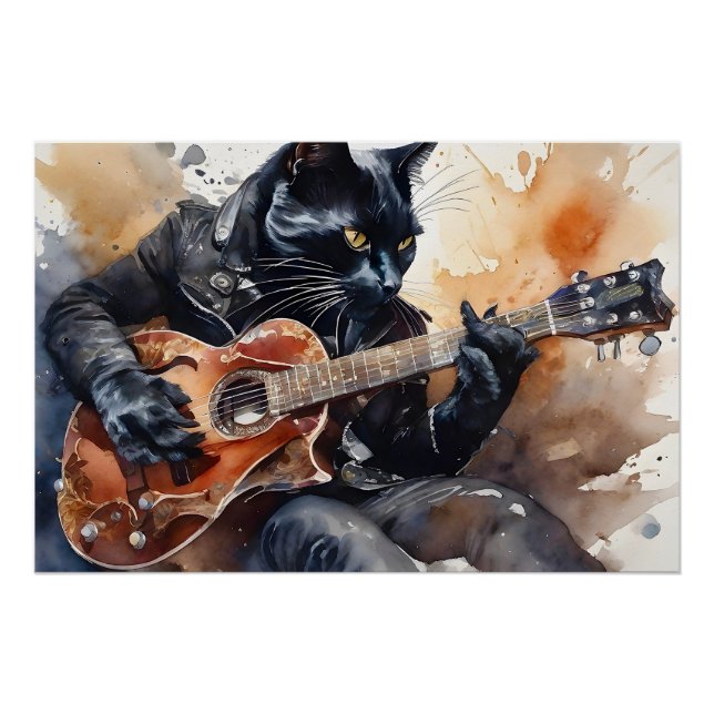 Black Cat Rock Star Playing Guitar Leather Jacket  Poster (Vorderseite)