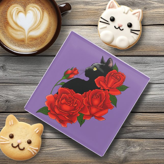 Black Cat Rote Rosen Lila Glasuntersetzer (Von Creator hochgeladen)