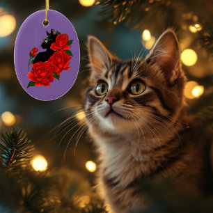 Black Cat Rote Rosen Lila Keramik Ornament