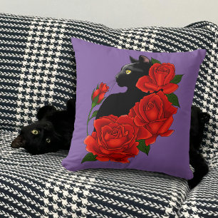 Black Cat Rote Rosen Lila Kissen