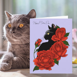 Black Cat Rote Rosen Lila Muttertagskarte Karte