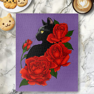 Black Cat Rote Rosen Lila Puzzle