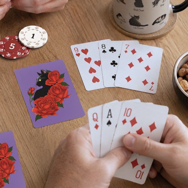 Black Cat Rote Rosen Lila Spielkarten (Von Creator hochgeladen)