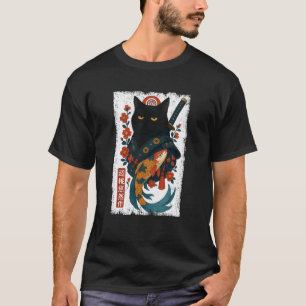 Black Cat Samurai Japanische Kirschblüten-Koi Japa T-Shirt
