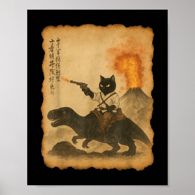 Black Cat Samurai Riding Dinosaurier Vulkanausbruc Poster (Vorne)