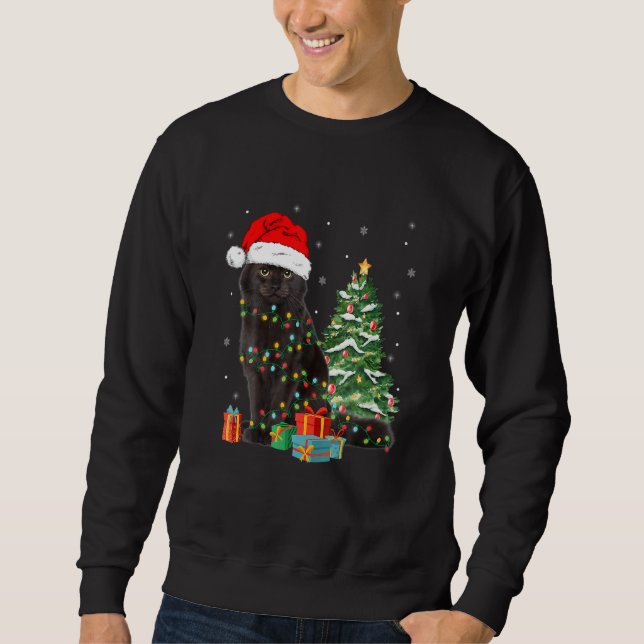 Black Cat Santa Angled Up In Christmas Lights Xmas Sweatshirt (Vorderseite)