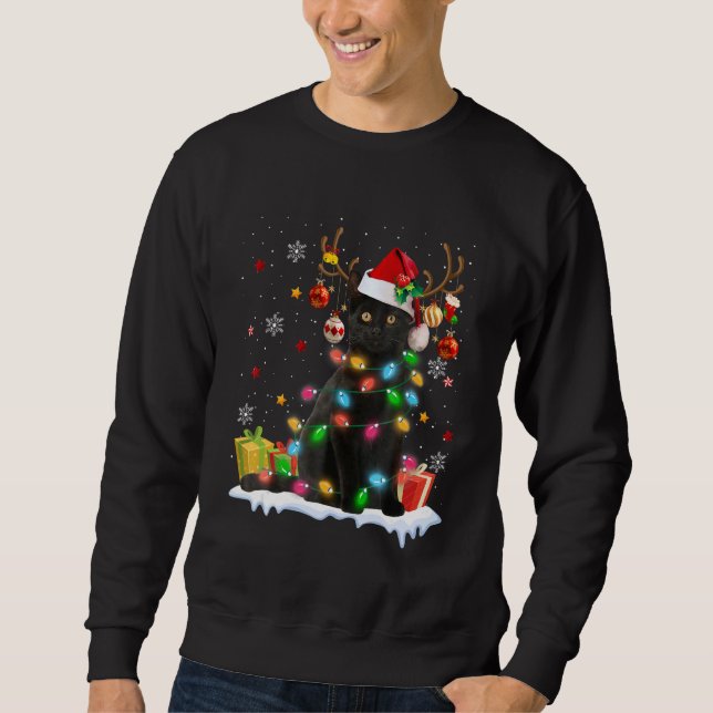 Black Cat Santa Hat Reindeer Christmas Lights Cat  Sweatshirt (Vorderseite)
