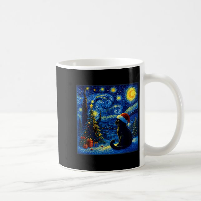 Black Cat Santa Hat Van Gogh Starry Night Christma Kaffeetasse (Rechts)