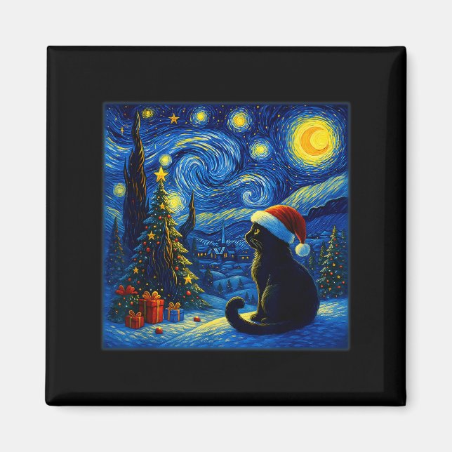 Black Cat Santa Hat Van Gogh Starry Night Christma Magnet (Vorne)