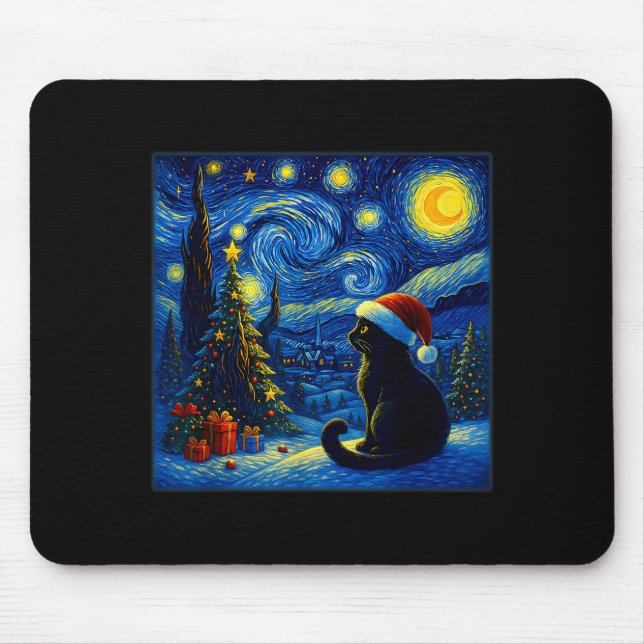 Black Cat Santa Hat Van Gogh Starry Night Christma Mousepad (Vorne)