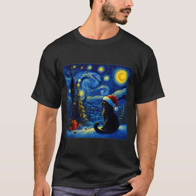 Black Cat Santa Hat Van Gogh Starry Night Christma T-Shirt (Vorderseite)