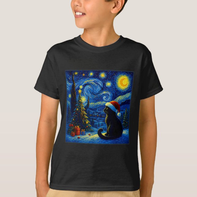 Black Cat Santa Hat Van Gogh Starry Night Christma T-Shirt (Vorderseite)