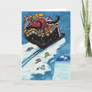 Black Cat Santa Sleigh by Bihrle Feiertagskarte