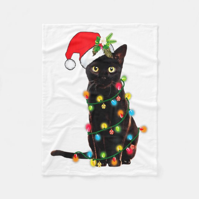 Black Cat Santa Tangled Up In Christmas Lights _1  Fleecedecke (Vorderseite)