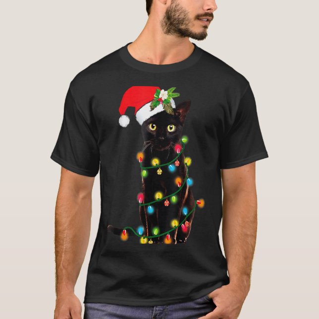 Black Cat Santa Tangled Up In Christmas Lights _1  T-Shirt (Vorderseite)
