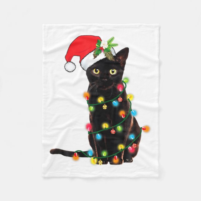 Black Cat Santa Tangled Up In Christmas Lights  Fleecedecke (Vorderseite)