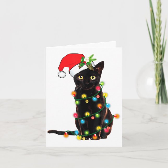 Black Cat Santa Tangled Up In Christmas Lights  Karte (Vorderseite)