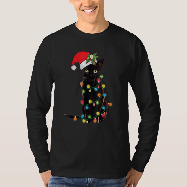 Black Cat Santa Tangled Up In Christmas Lights T-Shirt (Vorderseite)