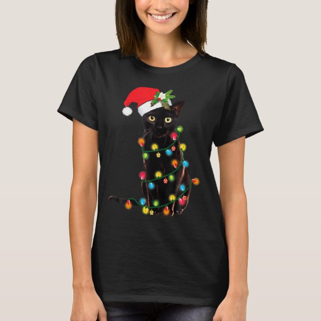 Black Cat Santa Tangled Up In Christmas Lights  T-Shirt (Vorderseite)