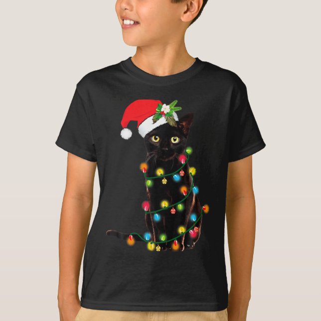 Black Cat Santa Tangled Up In Christmas Lights  T-Shirt (Vorderseite)