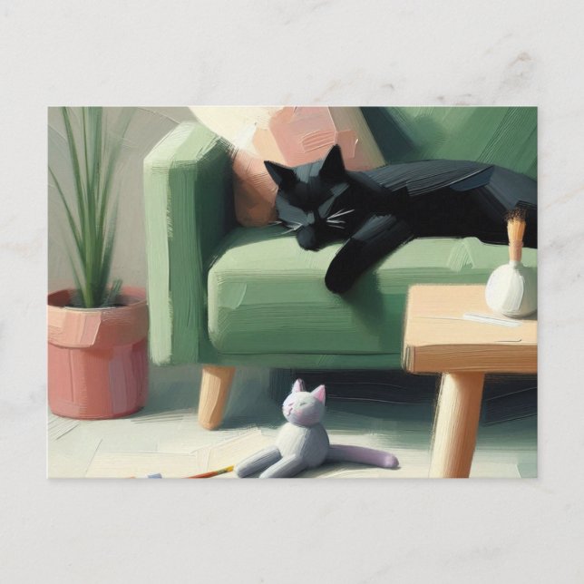 Black Cat Schlafen auf Sofa Cat Liebhaber Postkarte (Vorderseite)