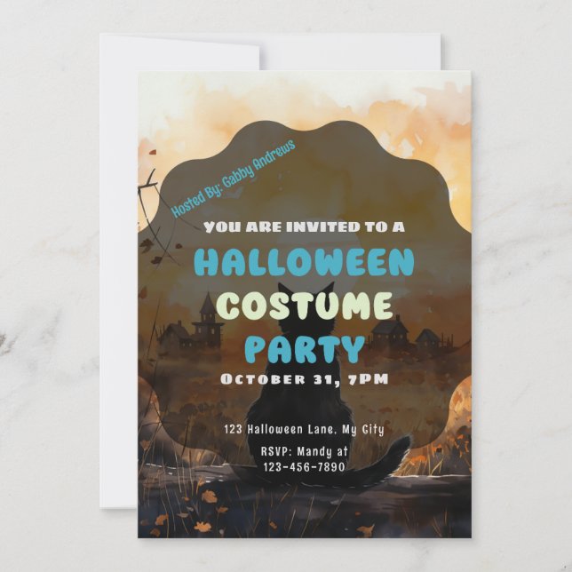 Black Cat Setting Sun Autumn Halloween Einladung (Vorderseite)