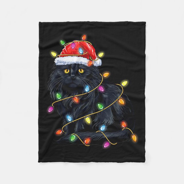 Black Cat Shirt Christmas Lights Funny Santa Cat F Fleecedecke (Vorderseite)
