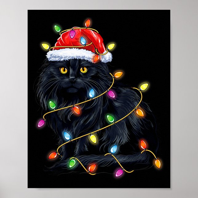 Black Cat Shirt Christmas Lights Funny Santa Cat F Poster (Vorne)