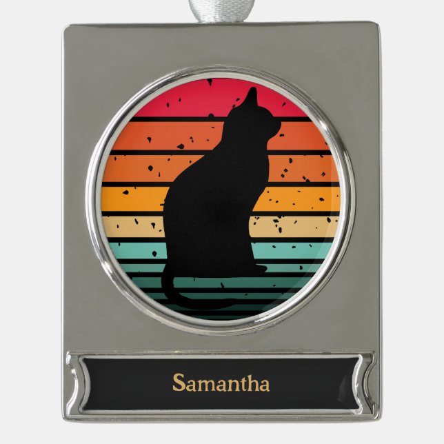 Black Cat Silhouette auf Rainbow Circular Christma Banner-Ornament Silber (Vorderseite)