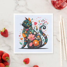 Black Cat Silhouette aus farbigen Blume Serviette