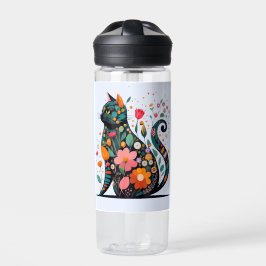 Black Cat Silhouette aus farbigen Blume Trinkflasche