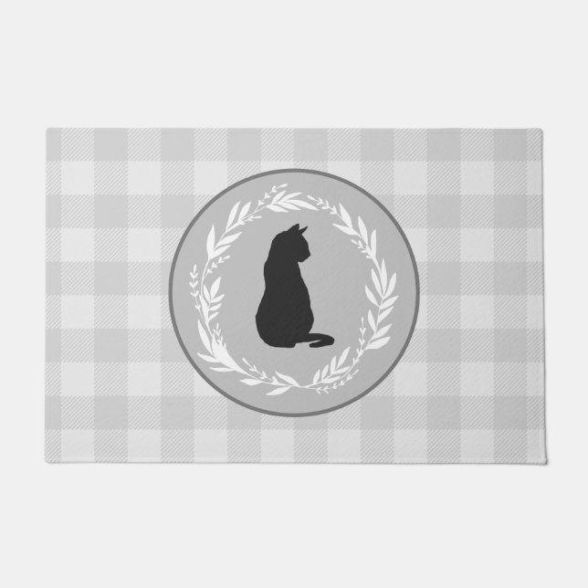 Black Cat Silhouette Buffalo Karo Pattern Grau Fußmatte (Vorderseite)