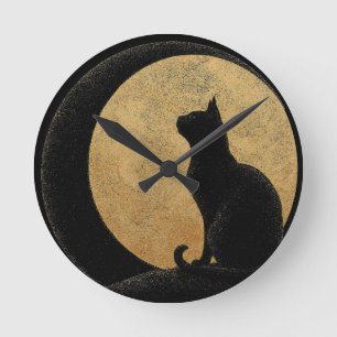 Black Cat Silhouette gegen den Goldenen Mond Runde Wanduhr