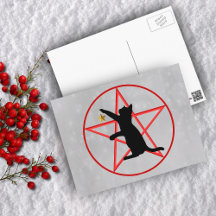 Black Cat Silhouette Gold Star Red Pentagramm Grau