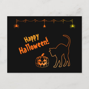 Black Cat Silhouette Neon Happy Halloween Postkarte