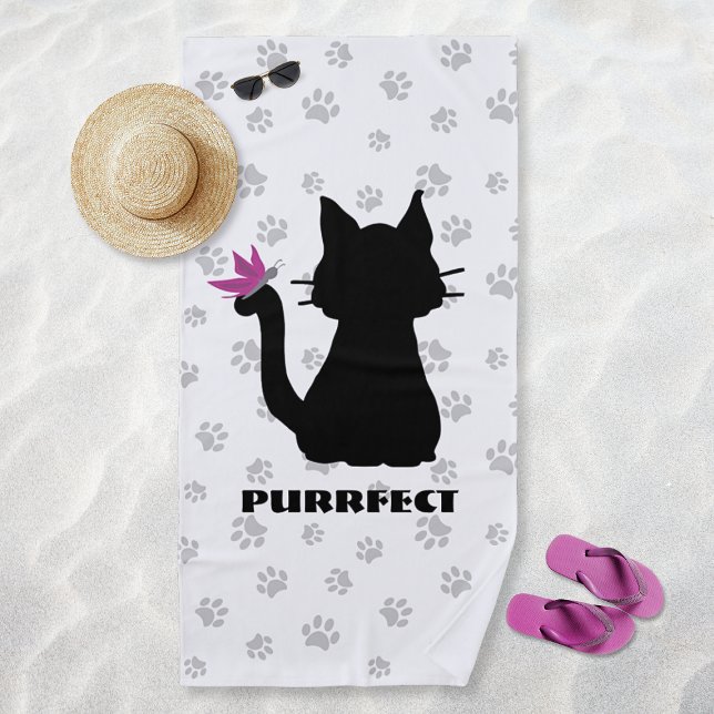 Black Cat Silhouette Rosa Schmetterling auf Schwan Strandtuch (Black Cat Silhouette Pink Butterfly on Tail & Paws Beach Towel)