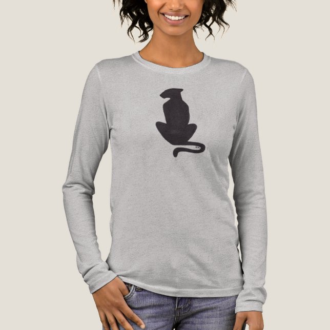 Black Cat Silhouette Weibchen Graues Shirt mit lan (Vorderseite)