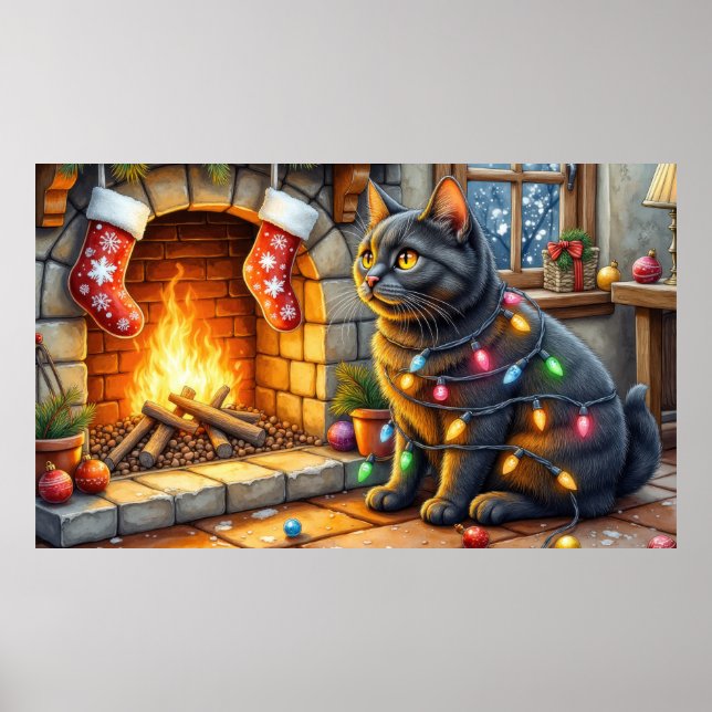Black Cat Sitting Fireplace with Christmas Lights Poster (Vorne)