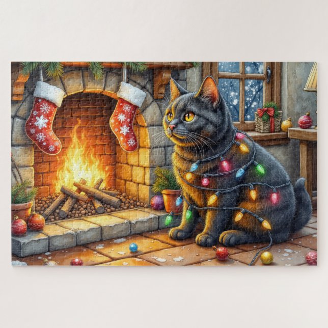 Black Cat Sitting Fireplace with Christmas Lights Puzzle (Horizontal)