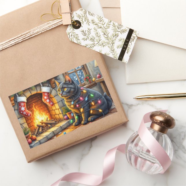Black Cat Sitting Fireplace with Christmas Lights Rechteckiger Aufkleber (Schenken)